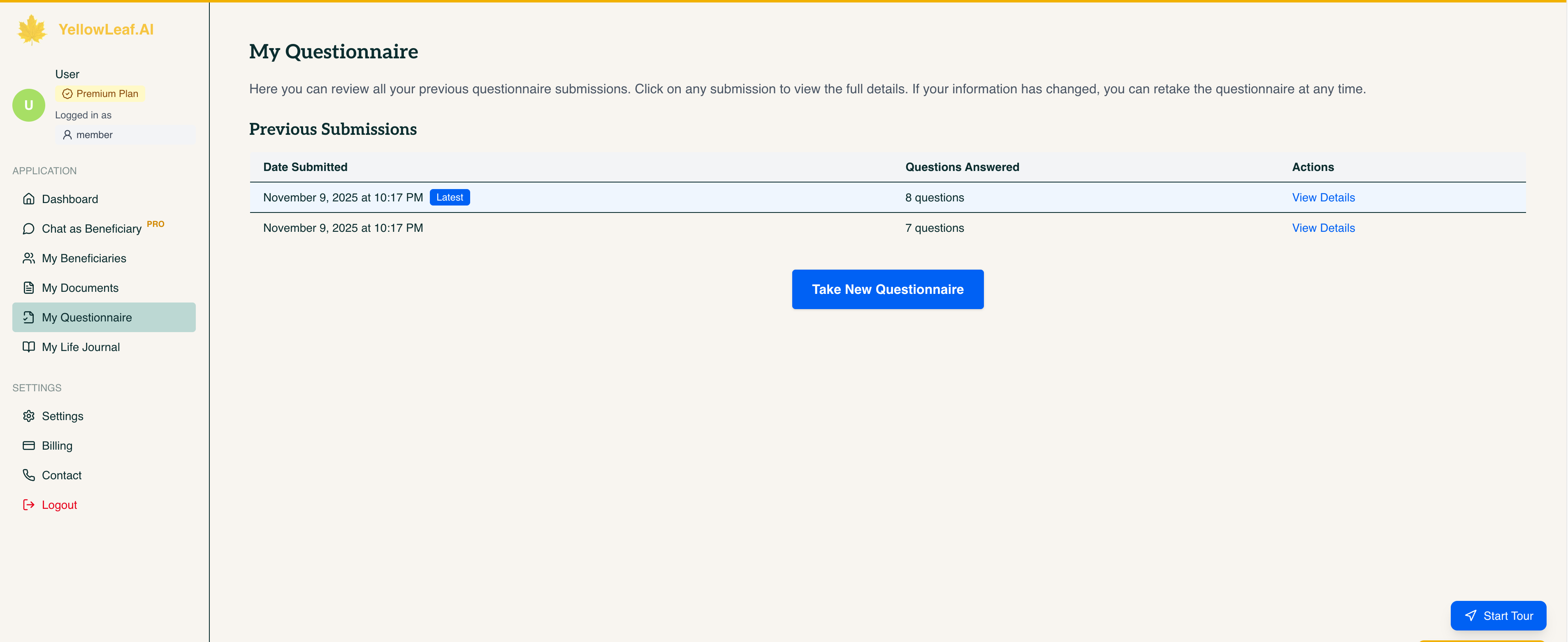 YellowLeaf.ai Questionnaire - Guided questions about your life and values